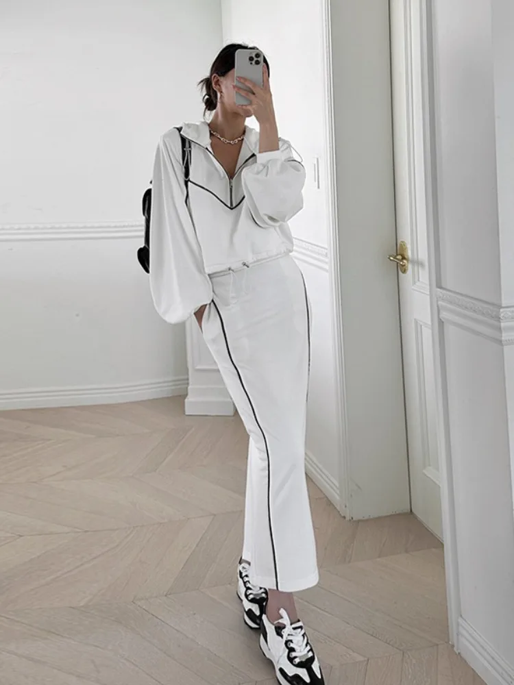 

Шикарная осенняя толстовка с капюшоном и юбка с высокой талией для женщин, цветной дизайн, топ с капюшоном на молнии