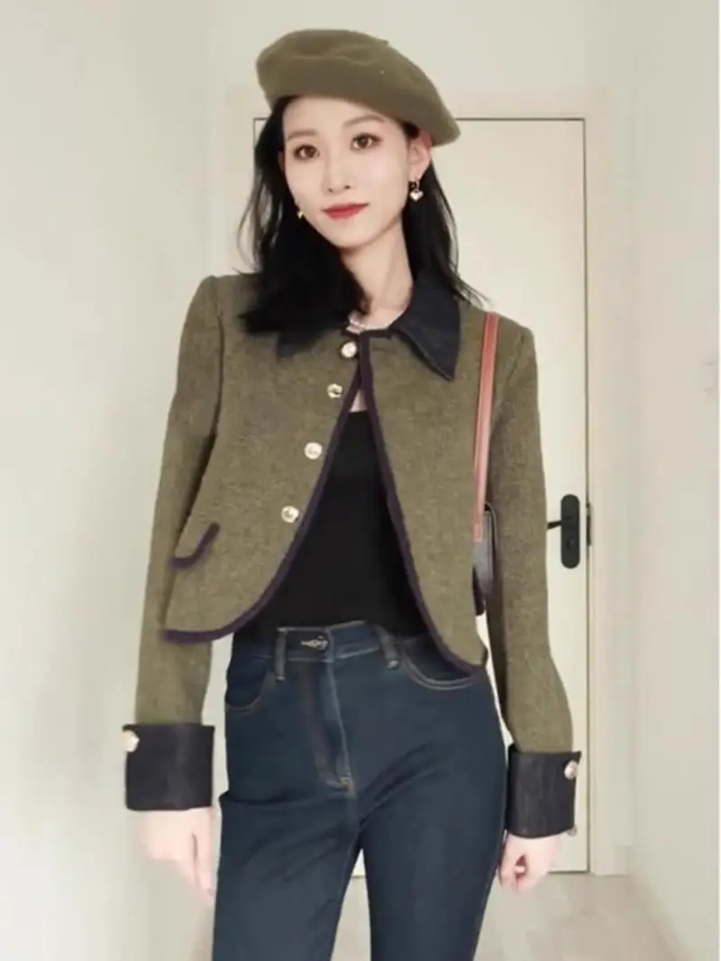 

Spliced Cropped Tweed Jacket Women Autumn Single Breasted Streetwear Outerwear Round Neck Coat Fashion Vintage Chaqueta D28