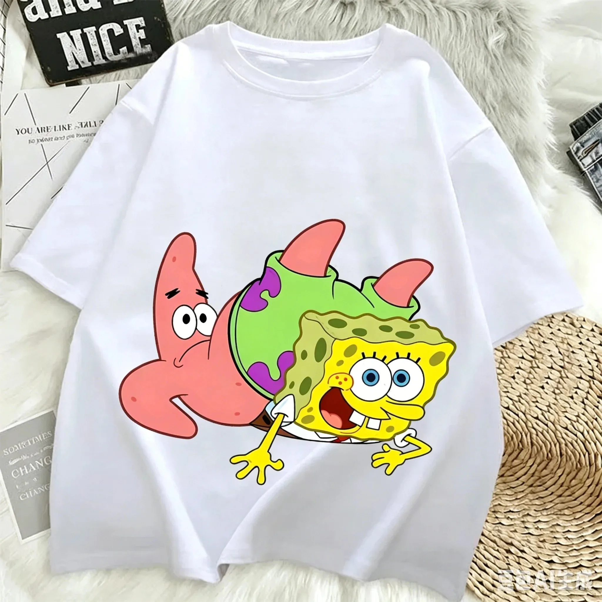 SpongeBob Schwammkopf T-Shirt Patrick Star Fischerboot-Print Tee Sommer Unisex Harajuku Streetwear Lustiges Cartoon-Oberteil – Detail 4