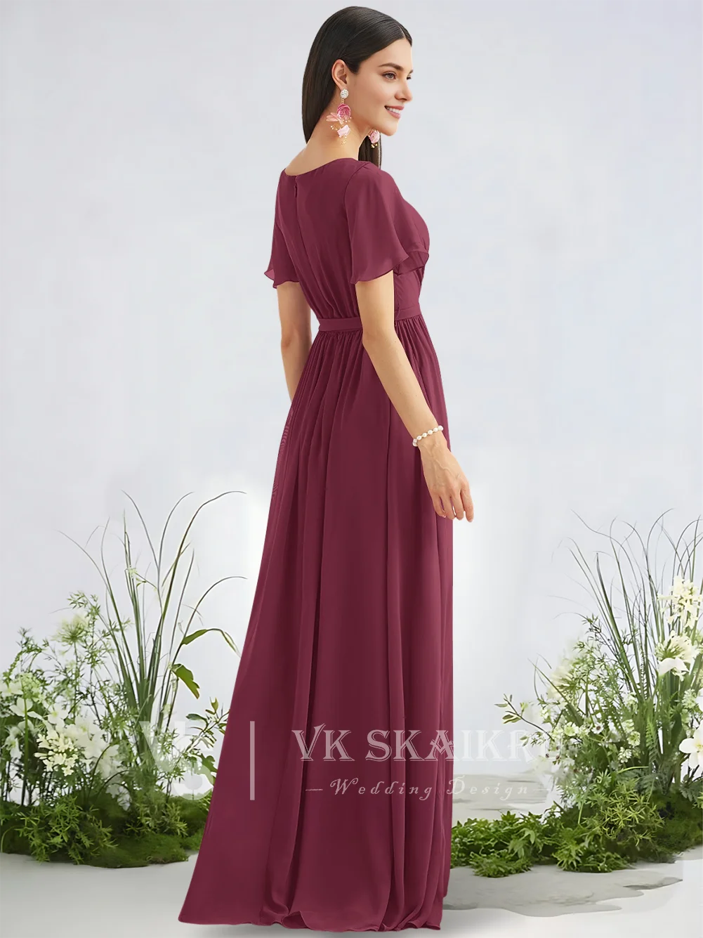 

C Women A-Line Bridesmaid Dresses Frosted Lilac V-Neck Floor-Length Chiffon Garden Gala Wedding Party Gown Cascading Ruffles