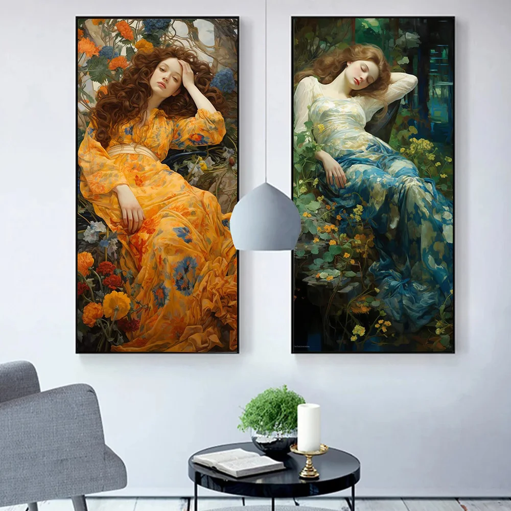 

Vintage Beautiful Woman Portrait Poster Prints For Office Living Room Home Decor Abstract Flower Girl Canvas Painting Wall Art