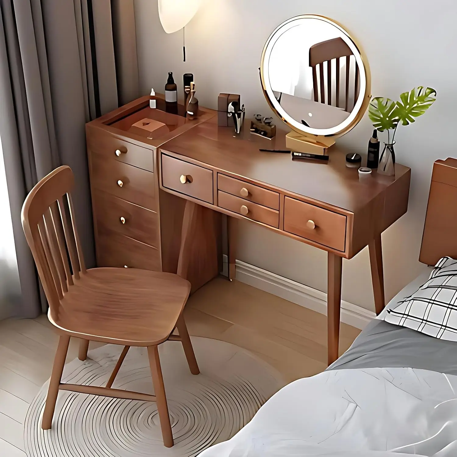 Solid Wood Makeup Vanity Desk - Luxury Dressing Table with Mirror and LED Lights, Vanity Set Include Side Cabinet & Storage Draw