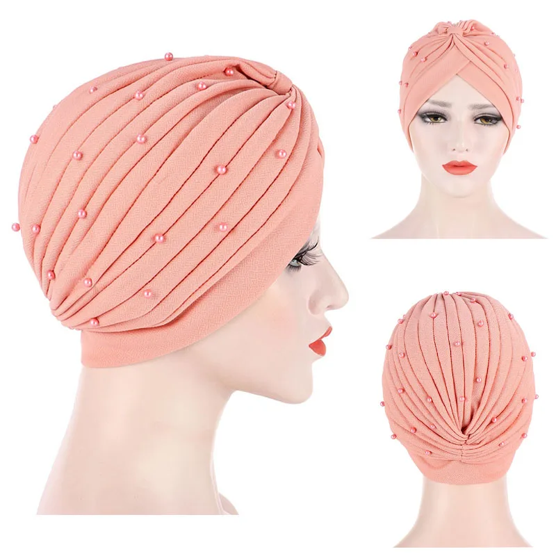 Turban For Women Solid Color Muslim Wrap Head Hats Folds Headwear Hair Scarves With Beadings Vintage Hijab Bonnets Hair Scarf