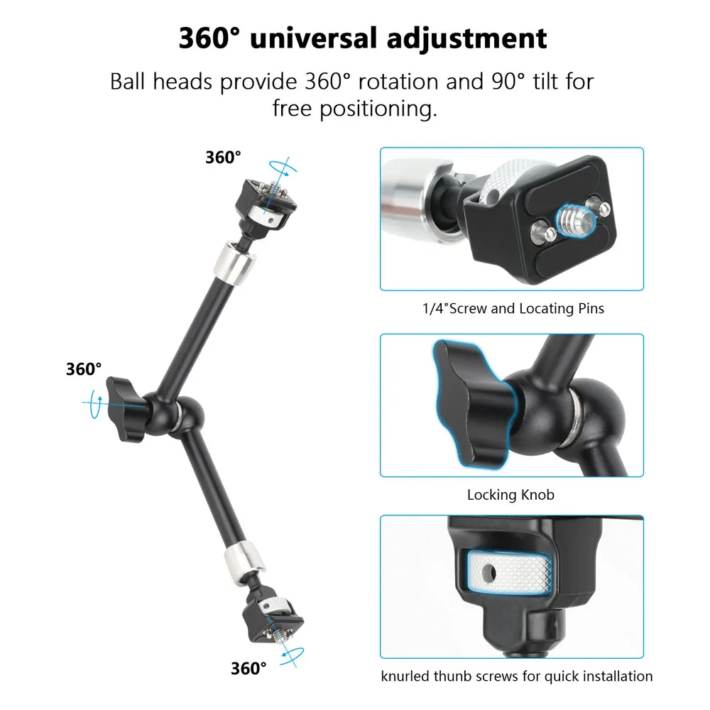 แขนจับกล้อง CAMVATE ขนาด 11 นิ้ว แบบปรับได้ + ตัวหนีบ Super Clamp พร้อมสกรูป้องกันการบิดขนาด 1/4-20 สำหรับแฟลช/ไฟ LED/ไมโครโฟน