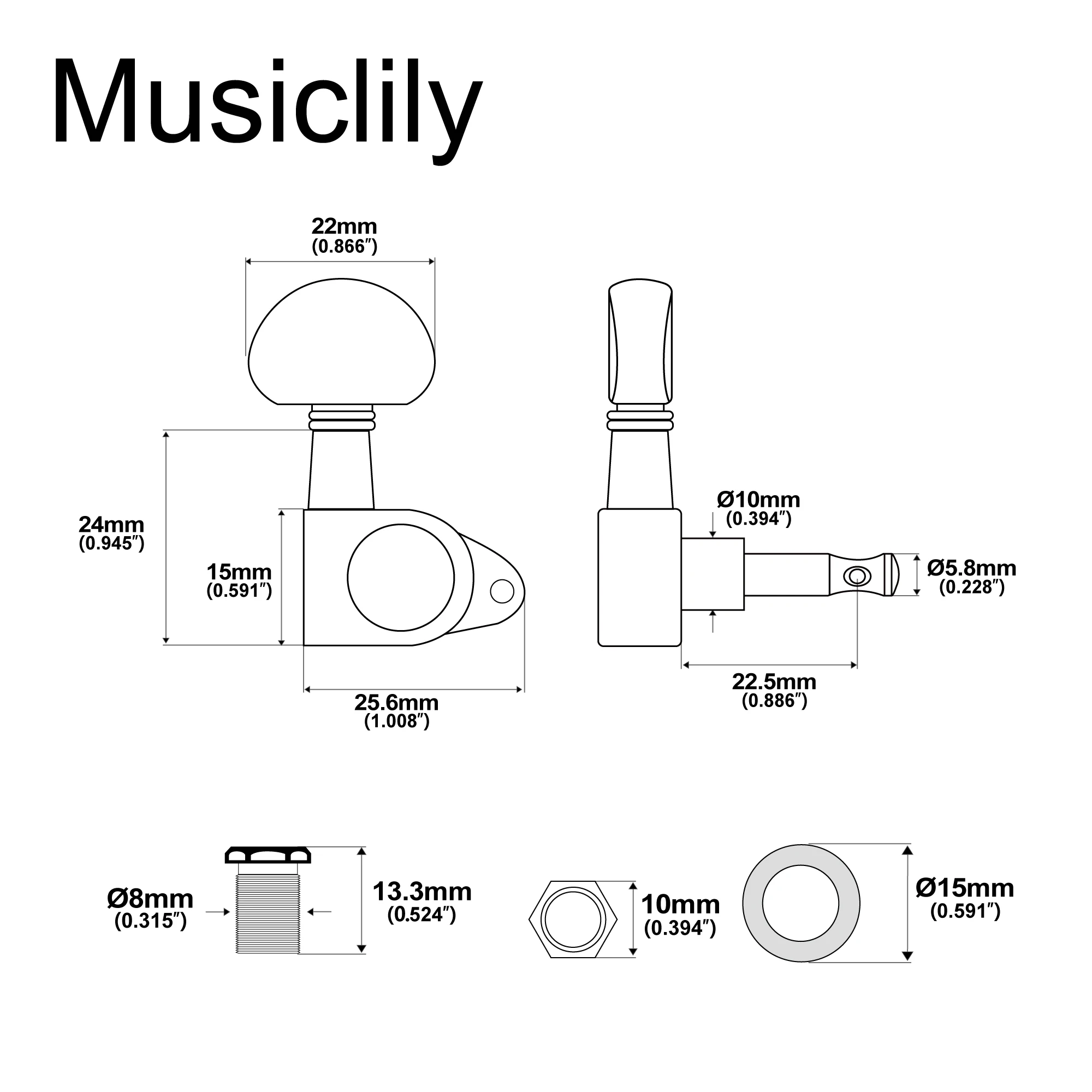 Musiclily Basic 3R3L 15:1 Ratio Full Sealed Machine Heads Tuners Tuning Pegs Keys Right Angle Screw for Acoustic Electric Guitar