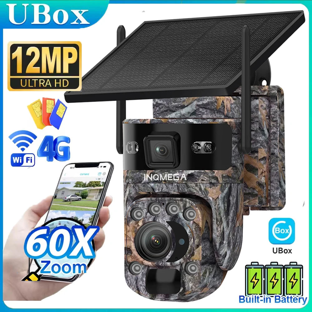 INQMEGA 12MP 4G/ WiFi Solar Security Camera 60X Zoom Outdoor Camouflage PTZ Battery Cam CCTV Surveillance Solar Camera Ubox APP