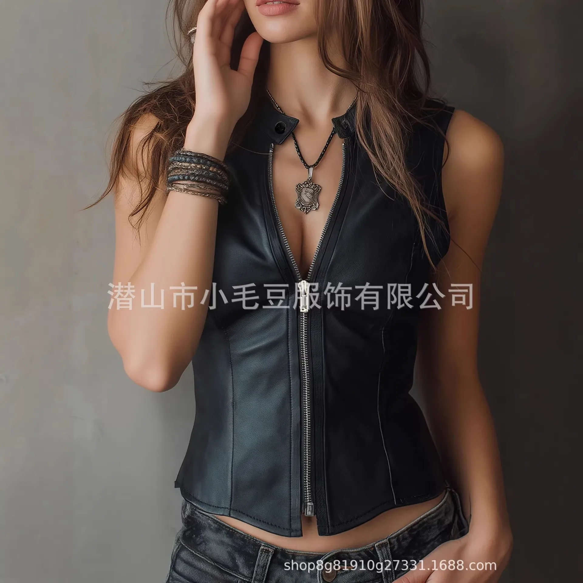 Women's Spring Autumn Zipper Slim Fit Faux Leather Short Length Solid Color All Season Stand Collar Vest for Casual Outdoor
