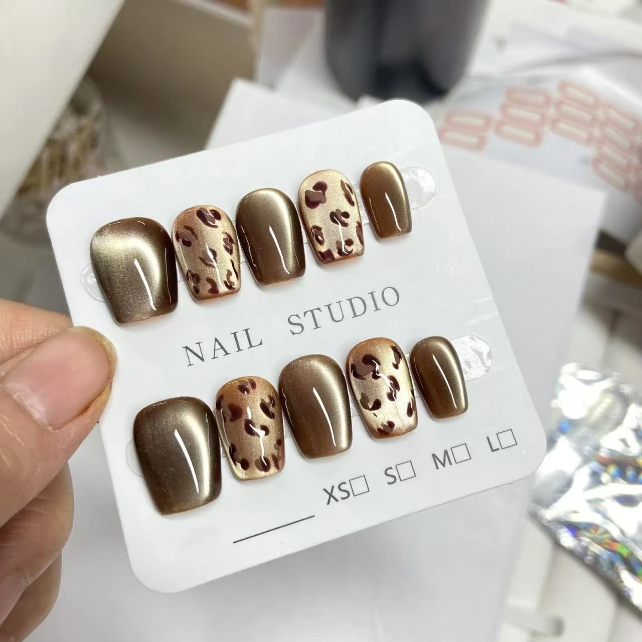 10 قطع من أظافر الفتيات الحلوة والباردة والحارة الراقية، أظافر صناعية مصنوعة يدويًا بطبعة الفهد من ميلارد #1