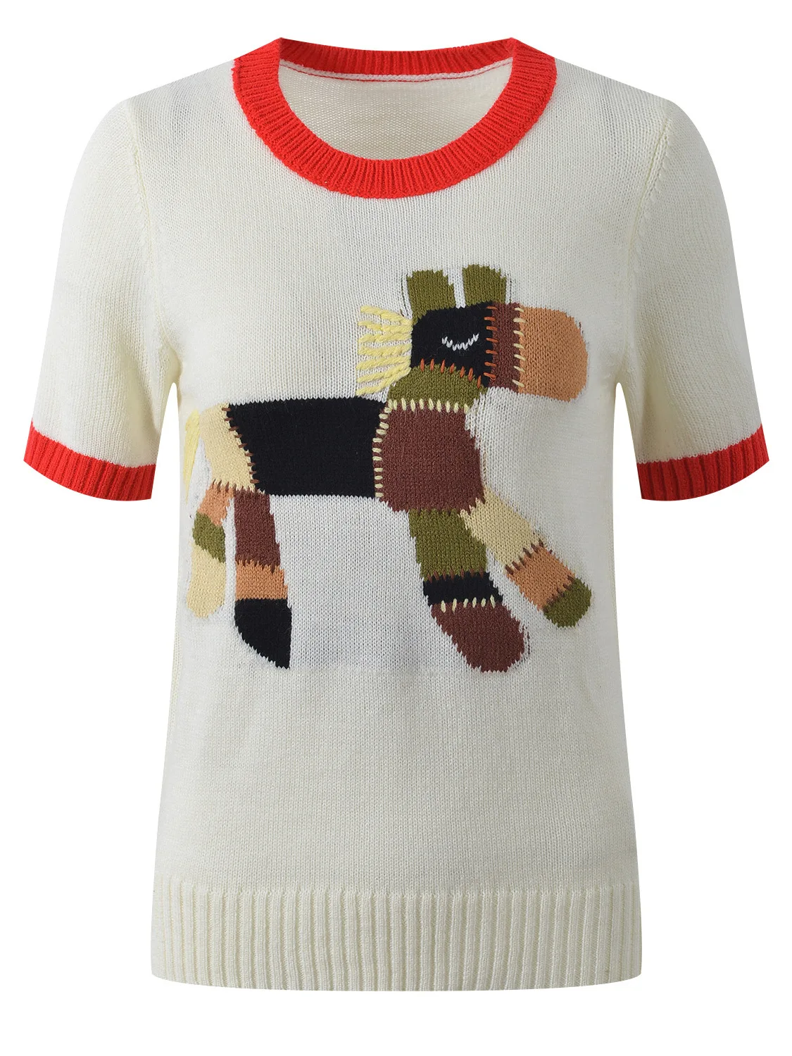 

Ele European Sle ort Sve Knitted Top Women's Embroidered Floral Collage Color Design Cute Summer irt