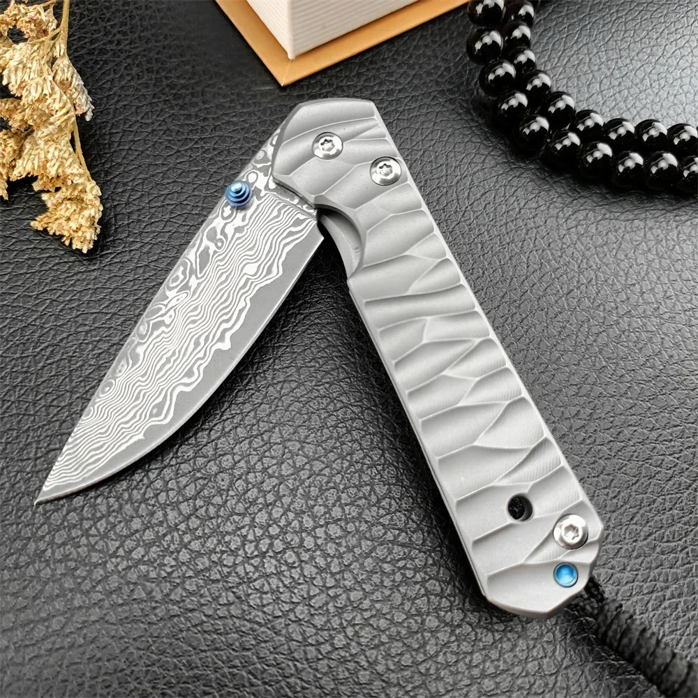 Hunting Knife Damascus Blade Titanium Handle Folding Knife Camping Survival Self Defense Tool with Pocket Clip