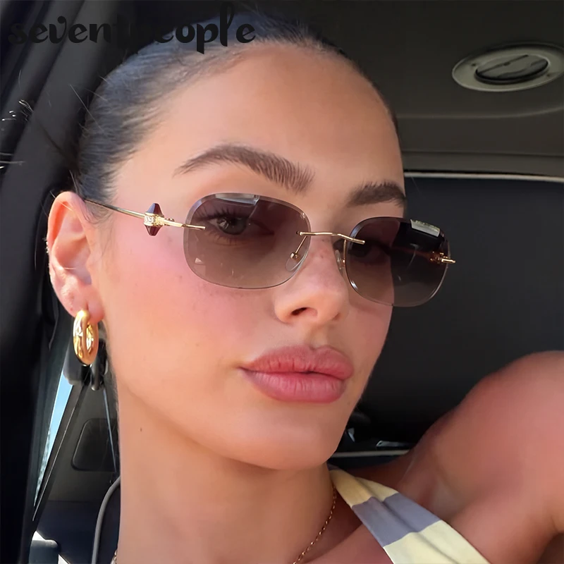 Rimless Rectangle Punk Sunglasses Women 2026 Luxury Designer Vintage Metal Polygon Travel Frameless Eyewear UV400 Retro Shades