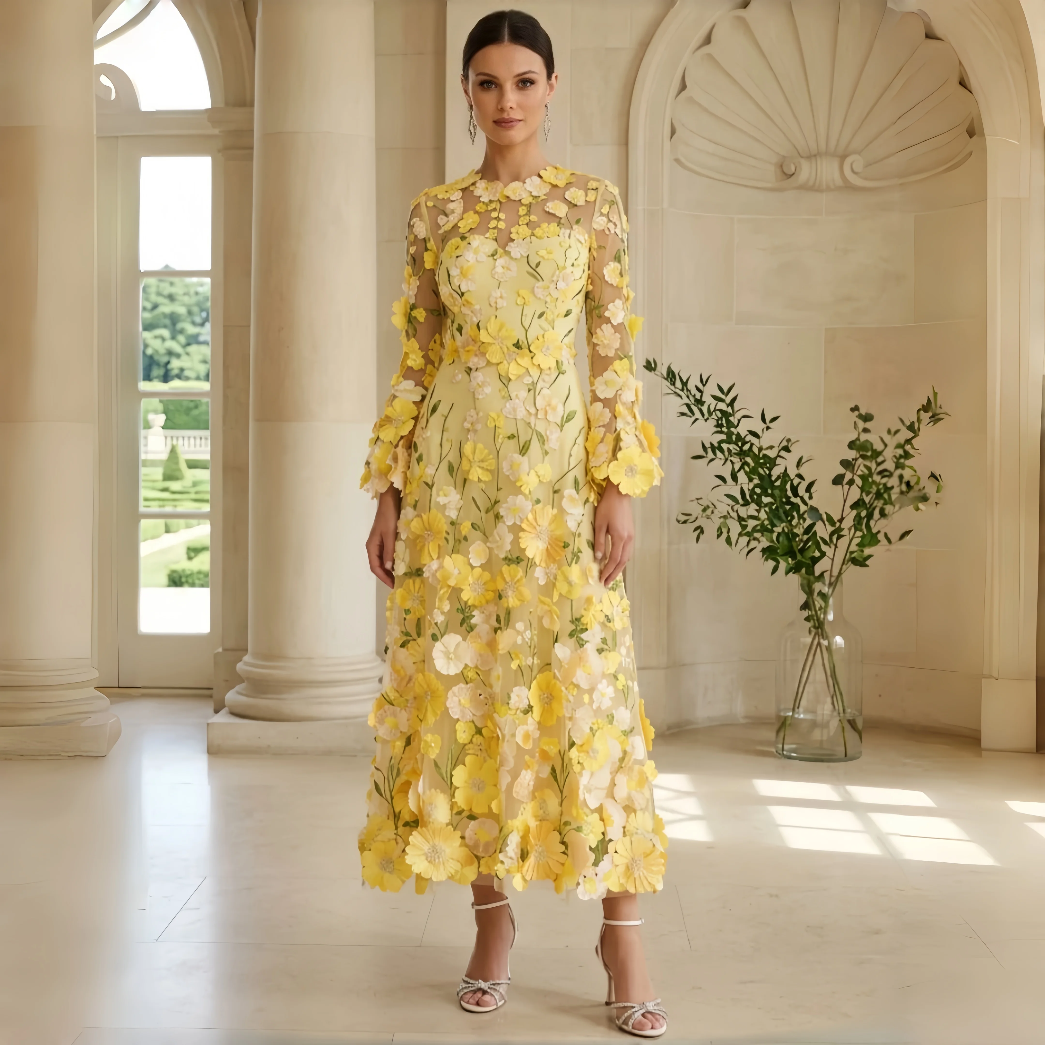 

Custom Prom Gown Embroidered Floral Party Dress Vibrant Floral A Line Silhouette Modern Style Evening Gown Wedding Dress