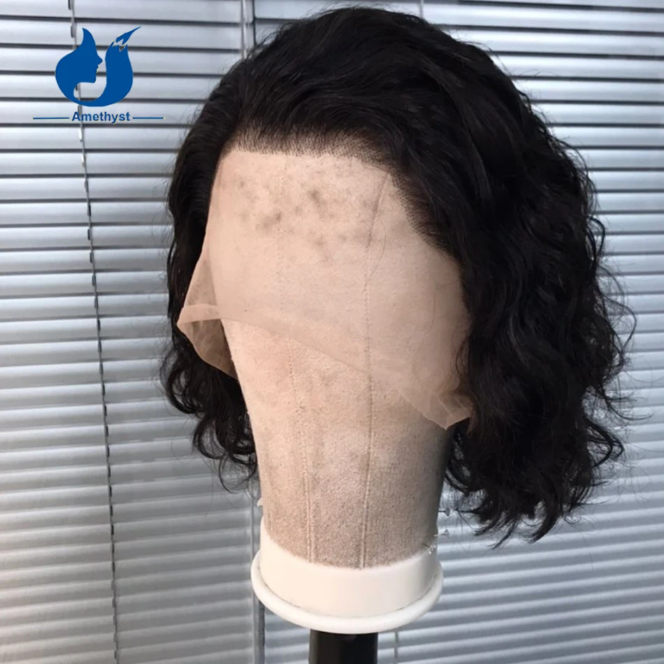 

Аметист, черный, естественная волна, 13x6, парик спереди, короткий боб, человеческие волосы, бразильские волосы Remy, отбеленные, предварительно выщипанные для мужчин