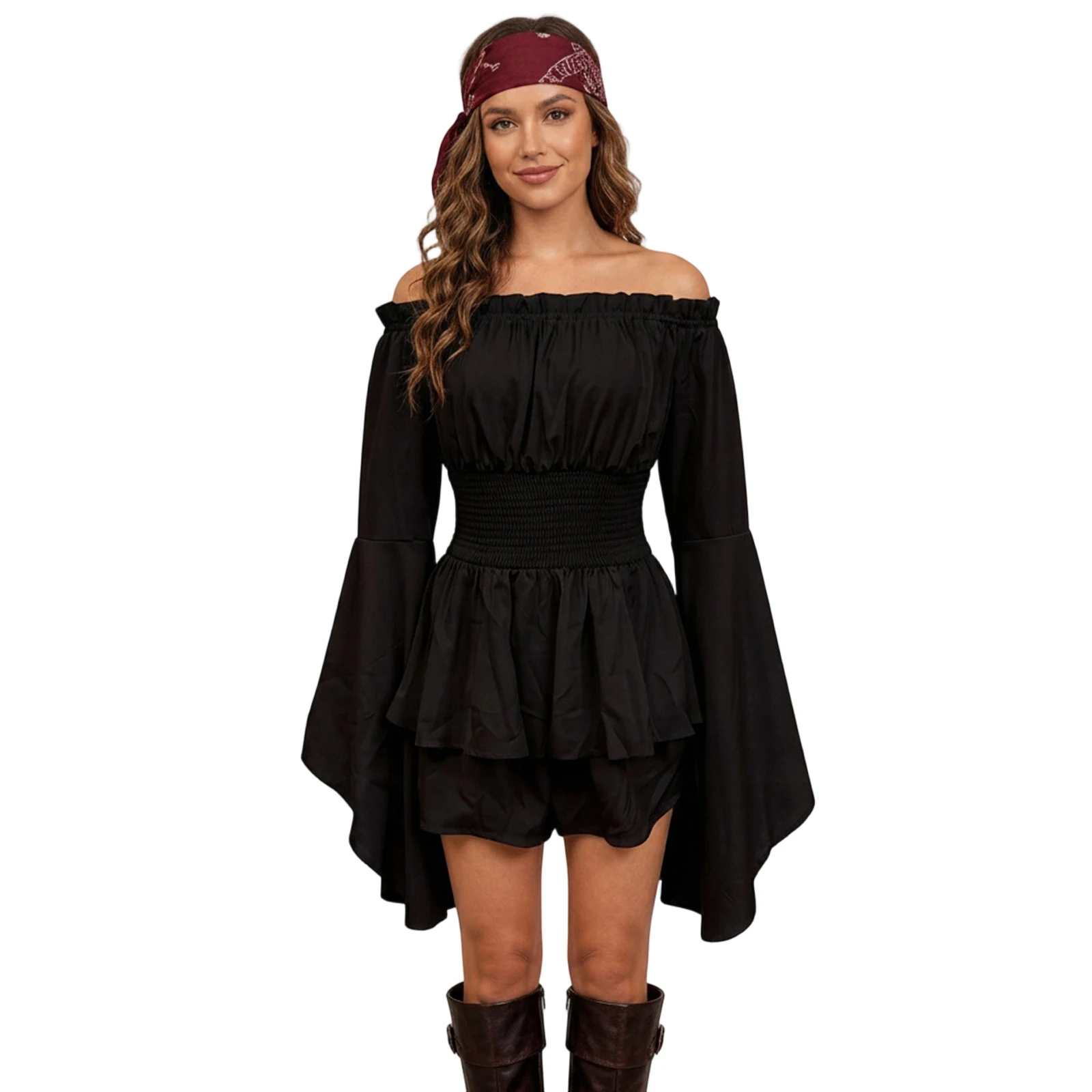 Women Flowy Shorts Romper Off Shoulder Long Flare Sleeve Cinched Waist Ruffled Jumpsuit for Daily Party Club Halloween Costume view 4