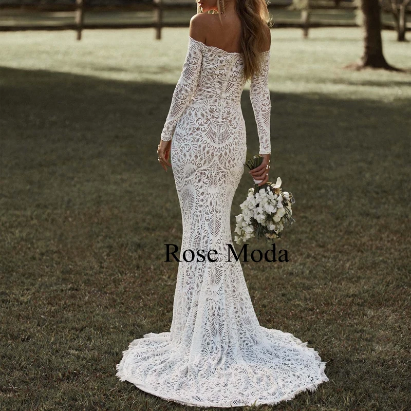 Rose Moda Off the Shoulder Long Sleeves Lace Wedding Dresses Boho Destination Bridal Gown Custom Make