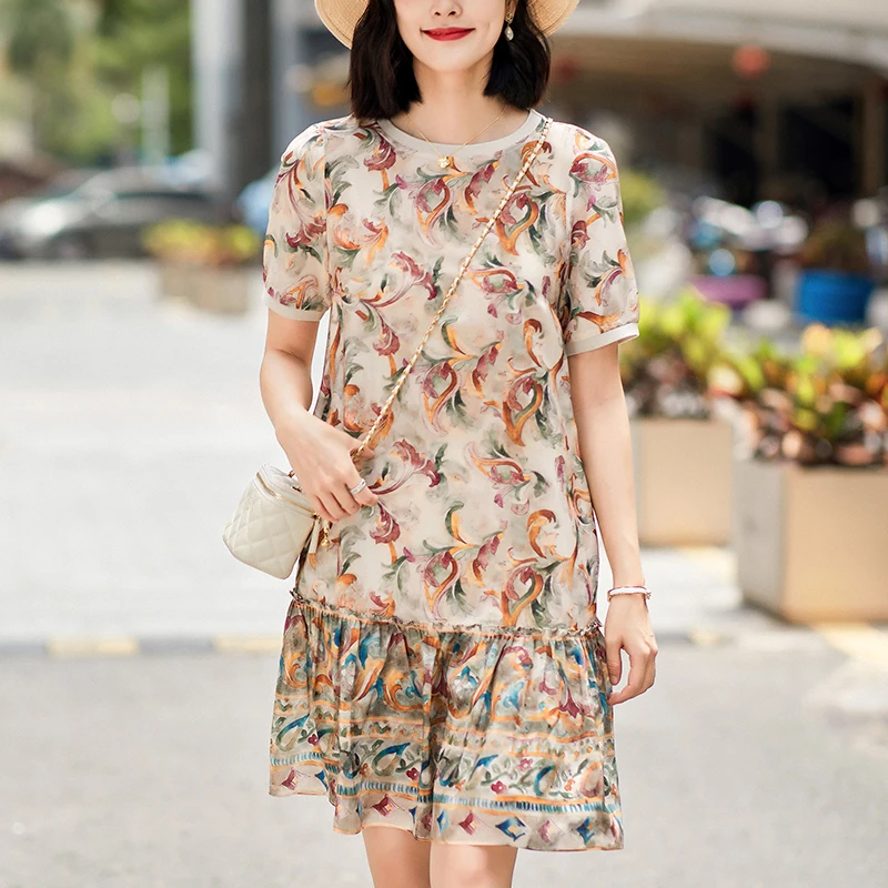 

Elegant Fashion Dresses For Women Summer Short Sleeve Women's Floral Print Dress 100% Real Silk Ruffles Woman Mermaid Dress