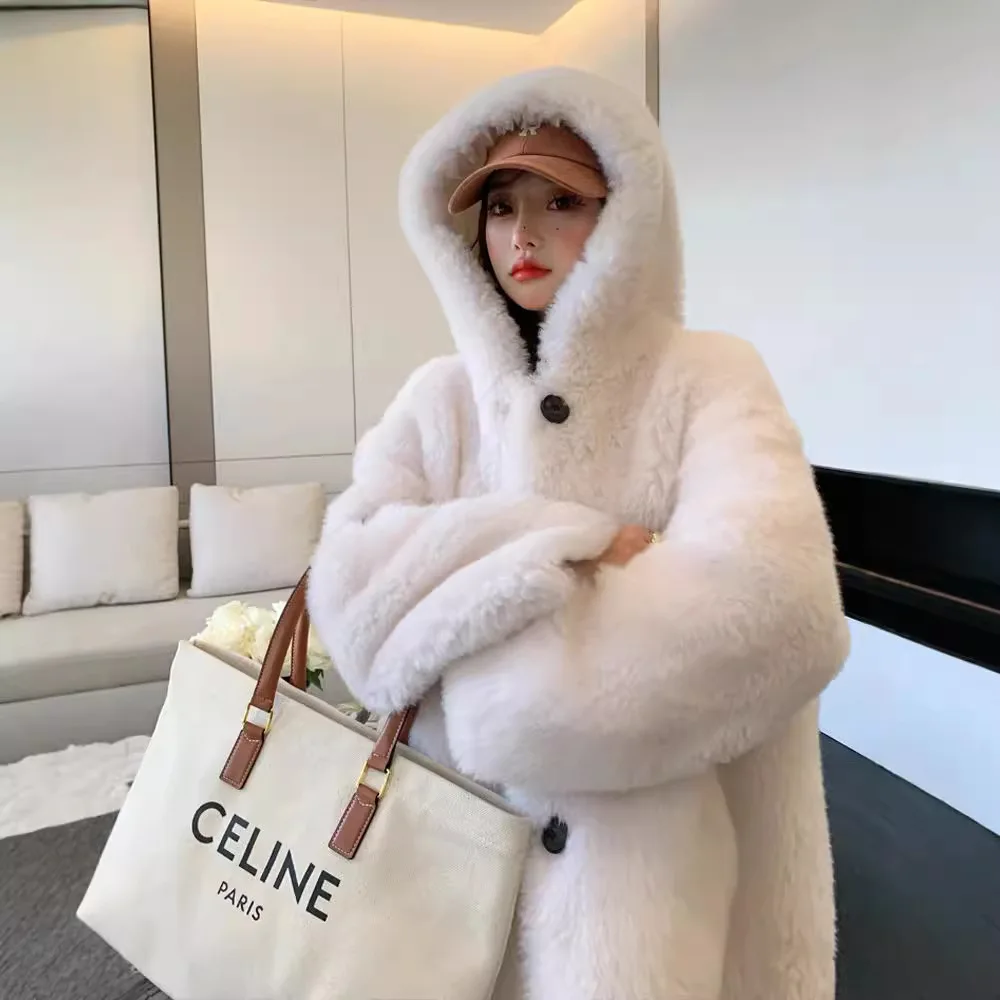 24 winter new Toka hooded fur one-piece lamb fur medium long coat sheep shearing fur coat for young women