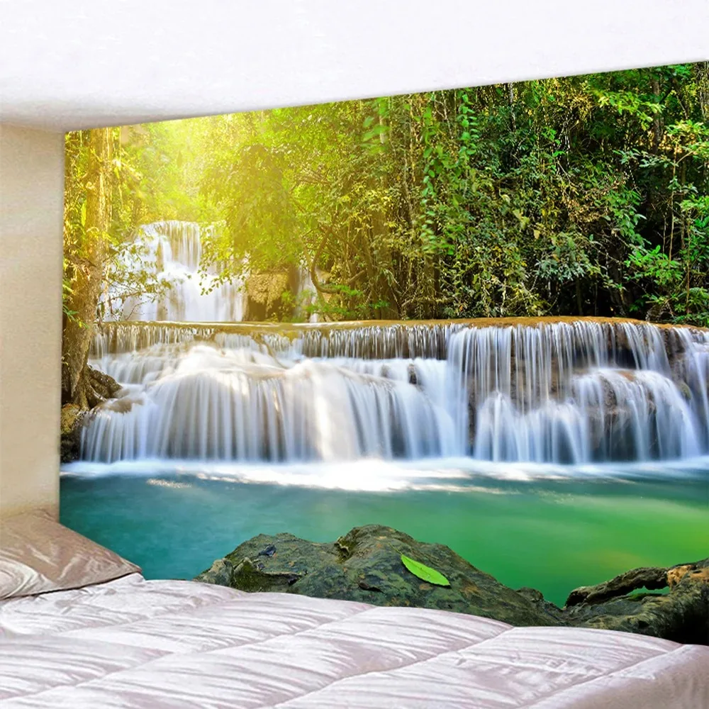 Forest waterfall pattern rectangular tapestry bohemian home decoration hanging cloth house living room wall hanging cloth