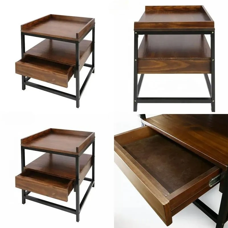 Modern Teak Root Side End Table with Metal Frame and Sliding Storage Drawers Console Tea Table Set