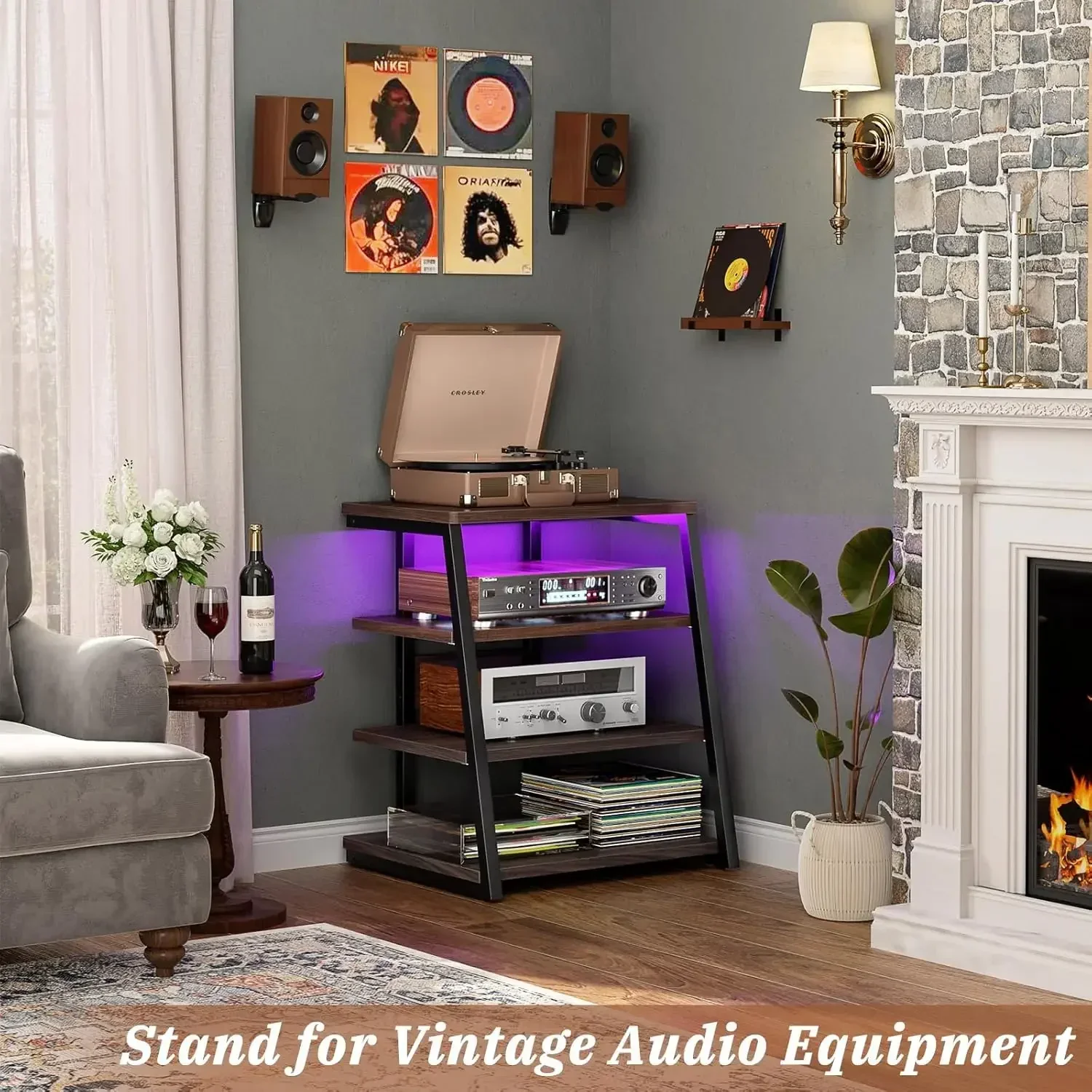 4-Tier AV Media Stand with Power Strips, Corner TV Stand with LED Lights, Rack Audio Tower with Adjustable Shelves, Corner Enter