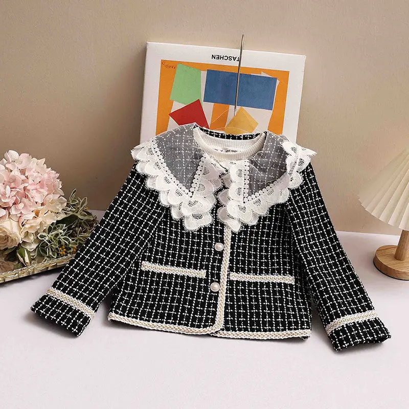 Children Girls Clothing Sets Autumn Kids Girl Black Plaid Coat and Flared Pants 2pcs Clothes Suit Teen Girls Vintage Outfits