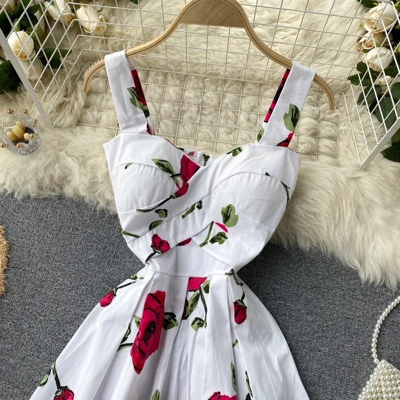 Women\'s Summer Dress French Retro V-neck Print Sleeveless Short Suspender Dress New Waist Slim Feamle Dresses DE673