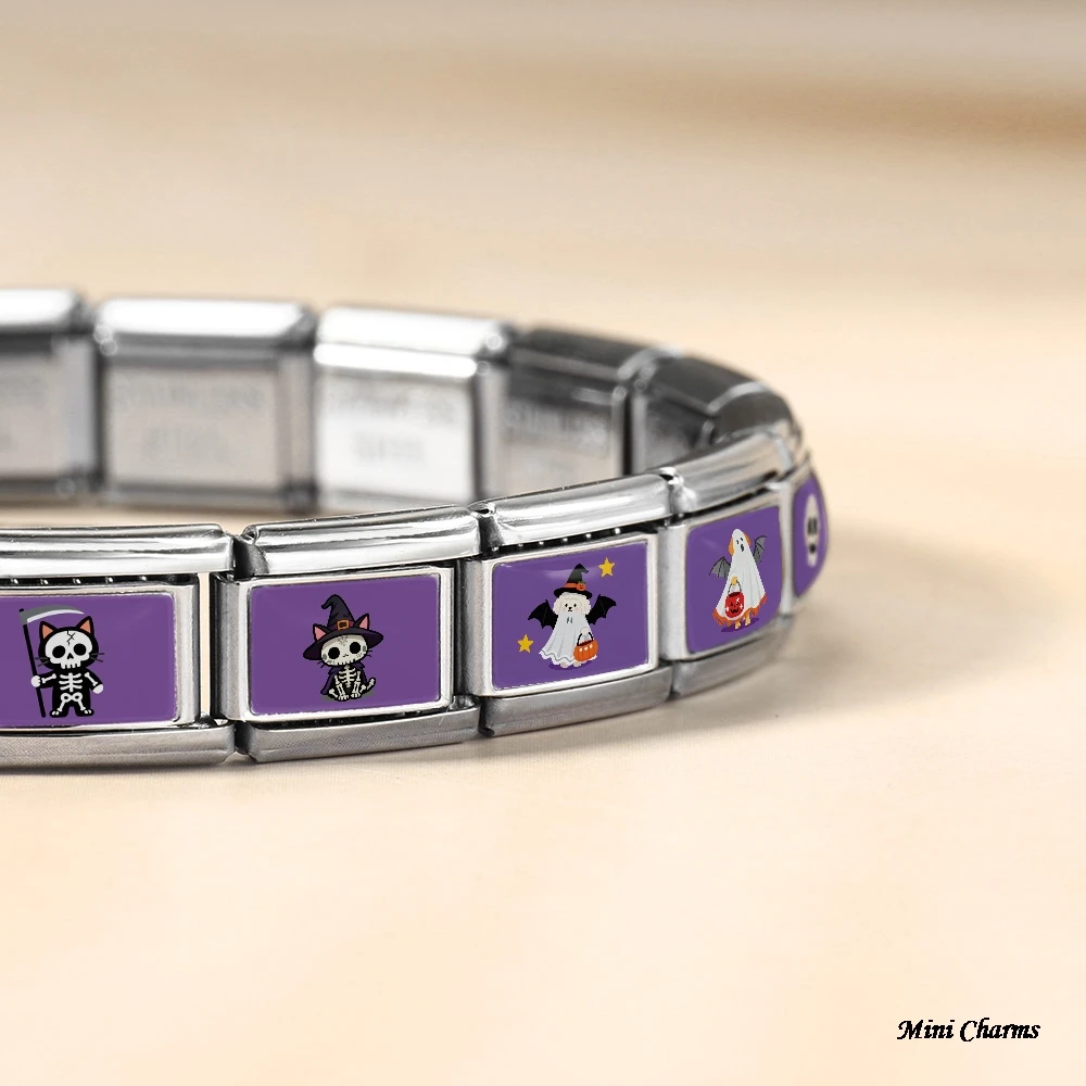 Original-Design Halloween Totenkopf Kürbis Hund Katze Geist Italienischer Charm-Link Passend für 9mm Edelstahl-Armband Schmuck DIY-Perlen – Detail 5