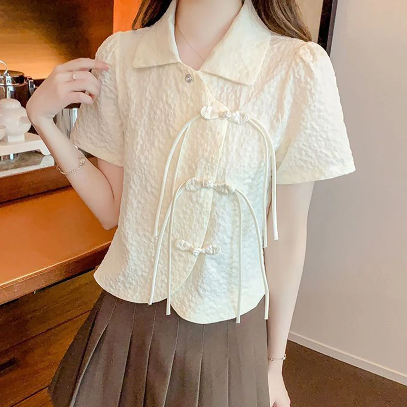 Top women's summer dress 2024 new retro buckle Joker temperament cheongsam chiffon shirt western style shirt short shirt