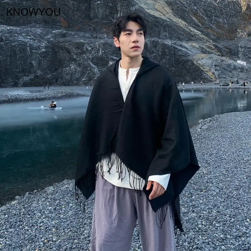 Black Warm Cashmere Blend Ponchos Male Winter Autumn Oversized Shawl Tassel Wraps Male Cloak Hooded Coat Thicken Pashmina