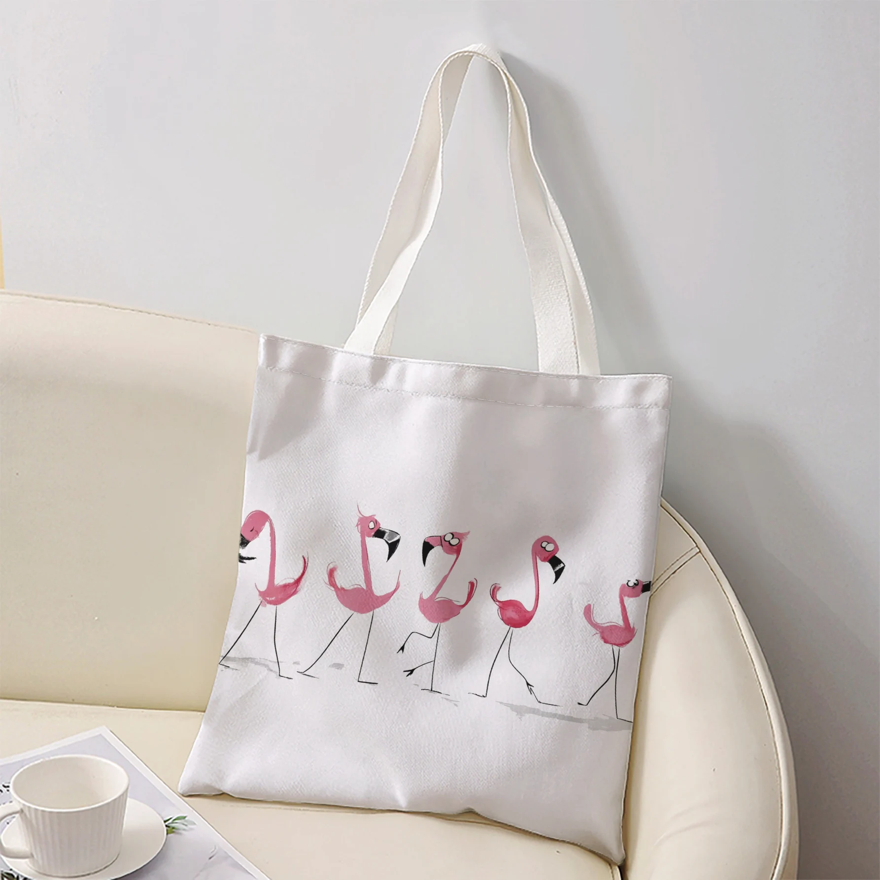 Cartoon Five Walking Pink Flamingos Print Tote Bag Large Shoulder Handbag For Shopping Daily Commute