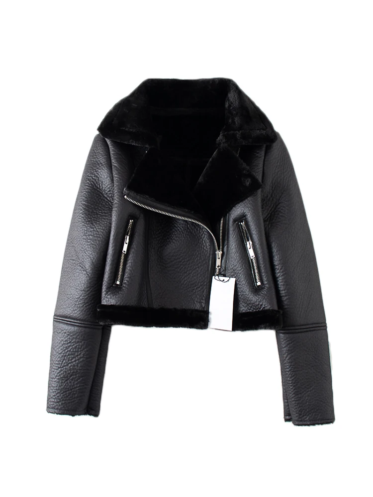 Streetwear Women Thick Warm Faux Leather Fur Short Jacket Autumn Winter Female Zipper Moto Biker Coat Outwear Tops