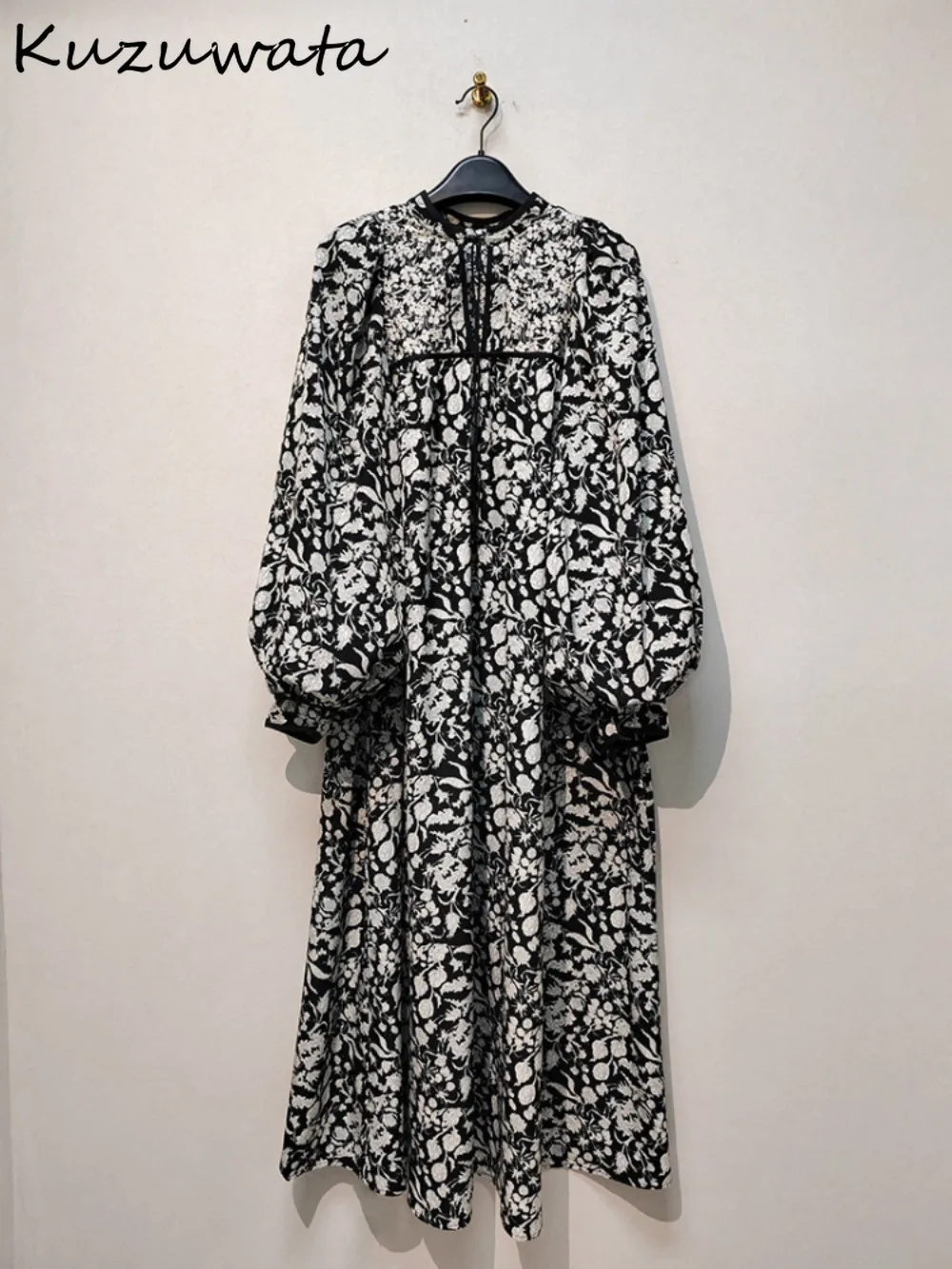 Kuzuwata Sweet Stand Collar Puff Sleeve Print Vestidos Loose Waist A-line Slim Fit Pullover Dress Japan New Moda Mid-length Robe