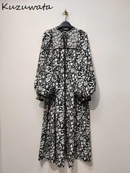 Kuzuwata Sweet Stand Collar Puff Sleeve Print Vestidos Loose Waist A-line Slim Fit Pullover Dress Japan New Moda Mid-length Robe