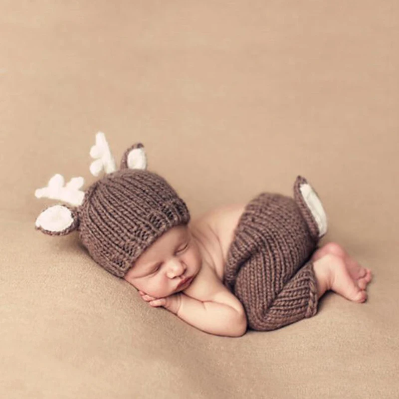 Lovely Little Baby Photography Props Xmas Festival Deer Elk Design Knitting Set Newborn Festival Theme Souvenirs Photo Clothing