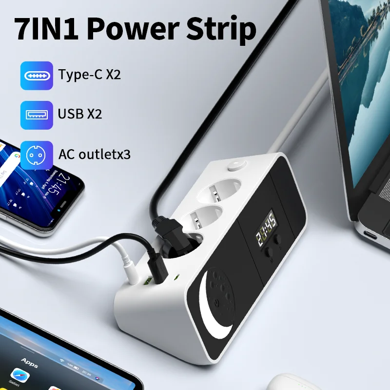EU 7-in-1 Power Strip with 3 AC Outlets, 2 USB-A & 2 Type-C, Touch Night Light & Digital Clock, Safe Desktop Charger