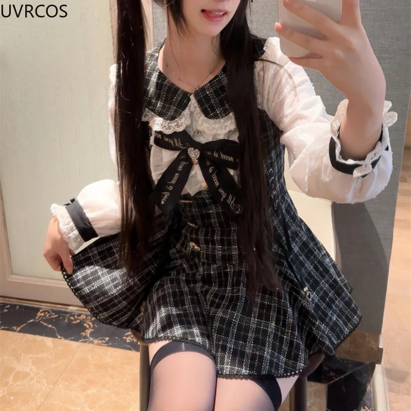 Japanese Gothic Style Rhinestone Bow Dress Shorts Set Women Sweet Long Sleeve Slim Plaid Shirt Dresses Kawaii Lolita Y2k Outfits