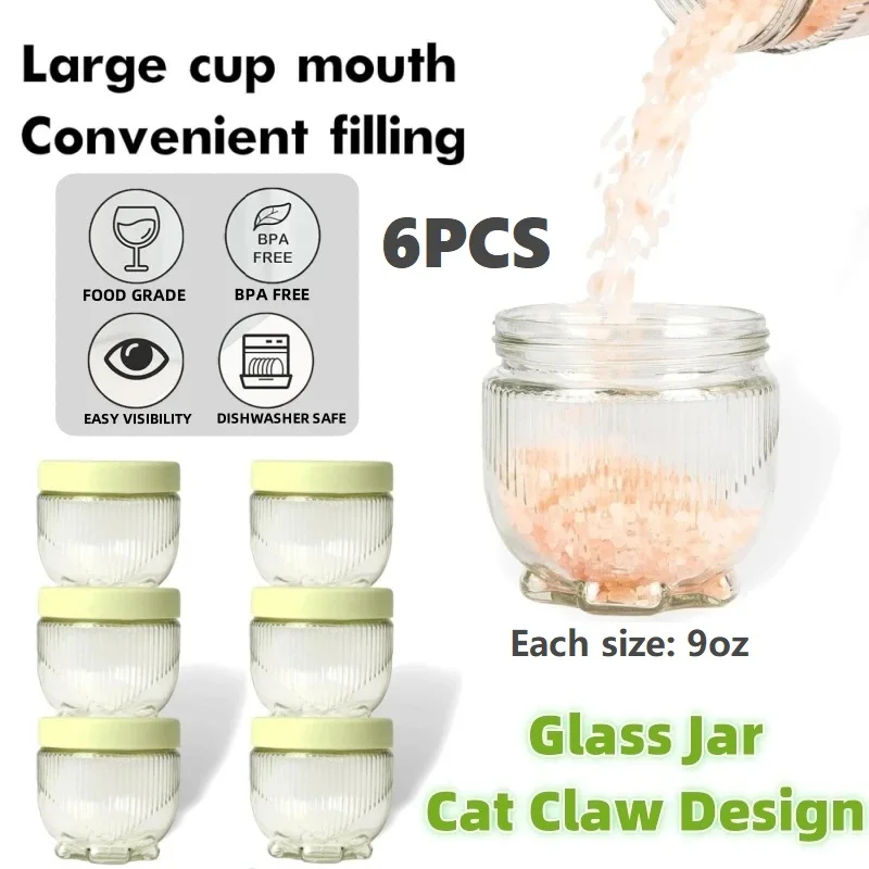 

6pcs Multi-function Glass Jars Cute Cat Claw Sealed Glass Bottle Moisture-proof Subpackage Can Storage Jar Kitchen Accessaries