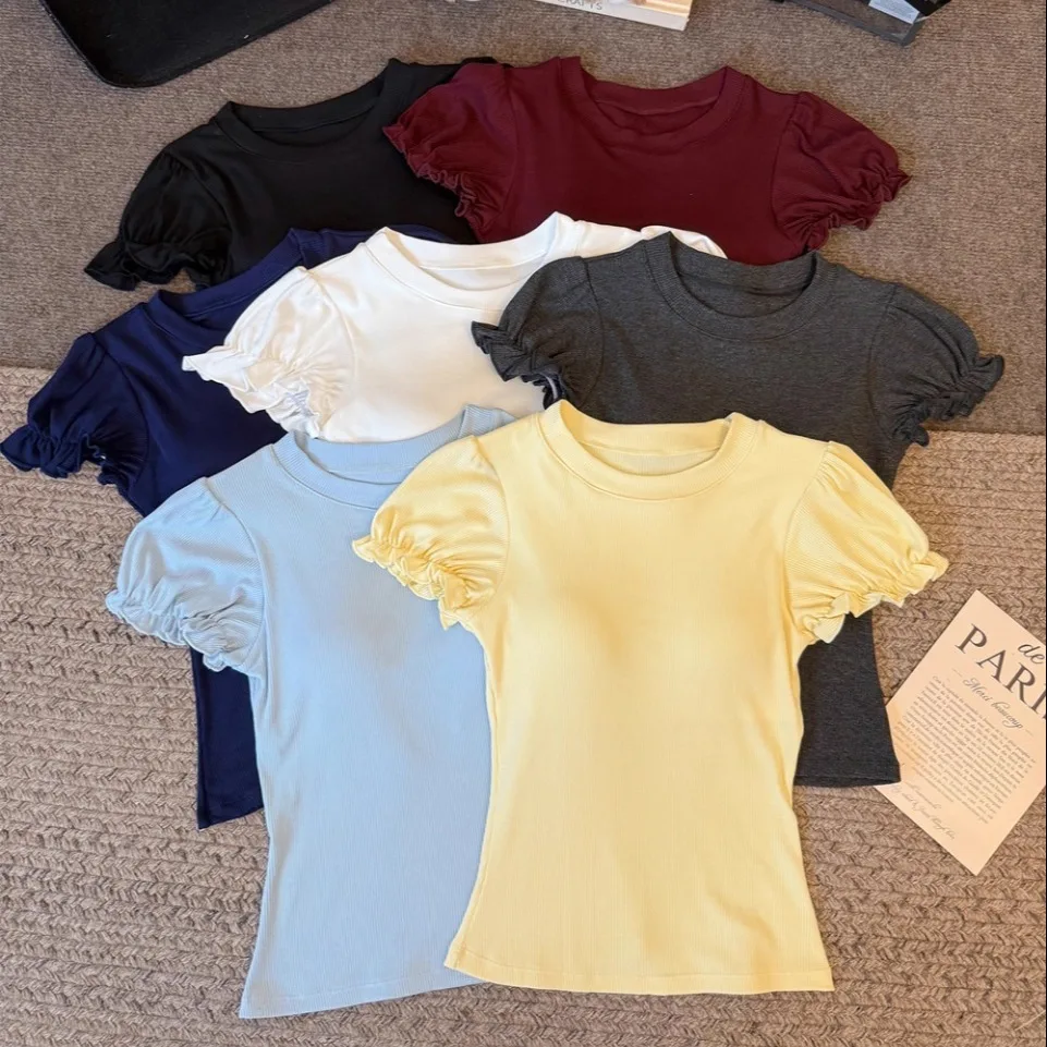 

Летняя новинка Pure Desire oulder round Ne Bubble Sve ort Sve T irt Женский тонкий топ с накладкой на грудь Универсальный топ