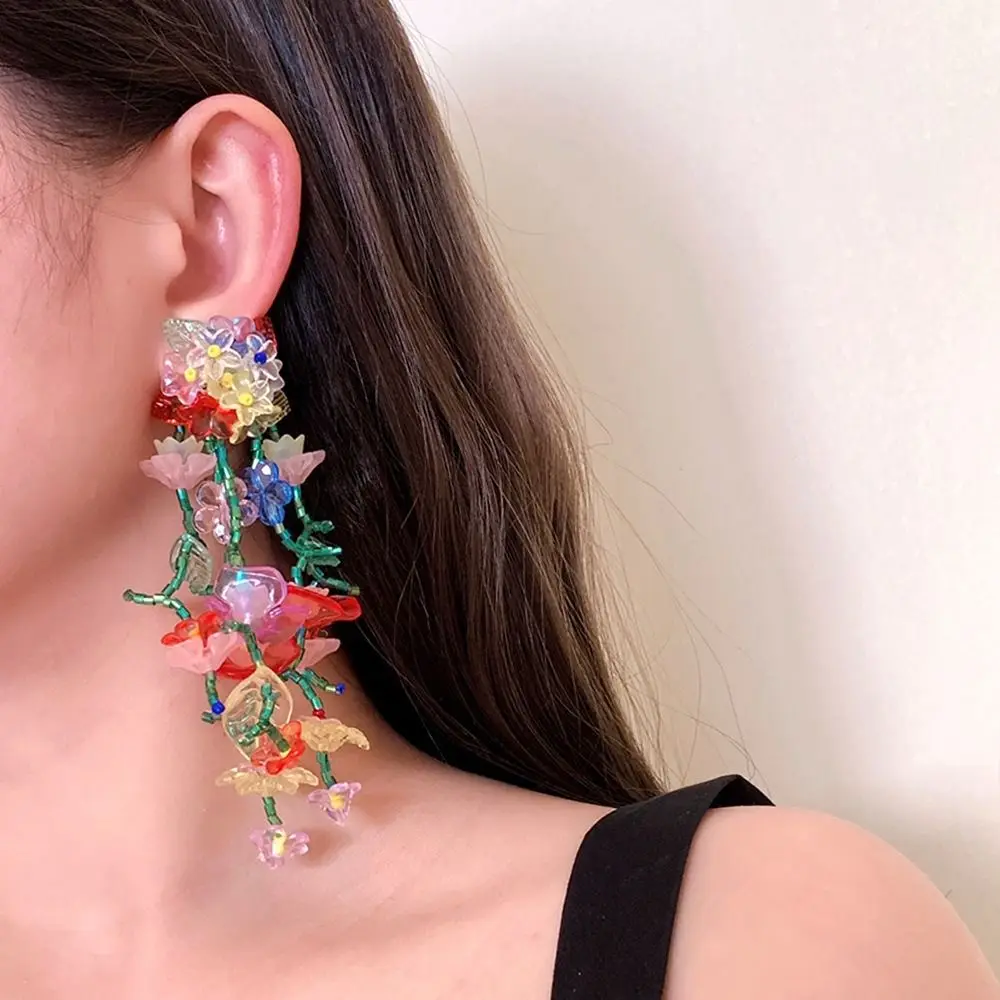 Handmade Colorful Flower Tassel Earrings Beaded Rural Style Beaded Tassel Earrings Alloy Tassel Colorful Floral Earrings Party