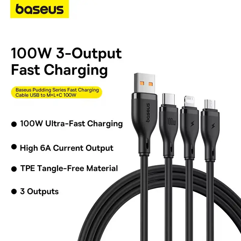 Baseus 100W 3 in 1 USB Cable For Huawei Honor Fast Charging Cable For Xiaomi Samsung Soft TPE Data Wire Charge For iPhone