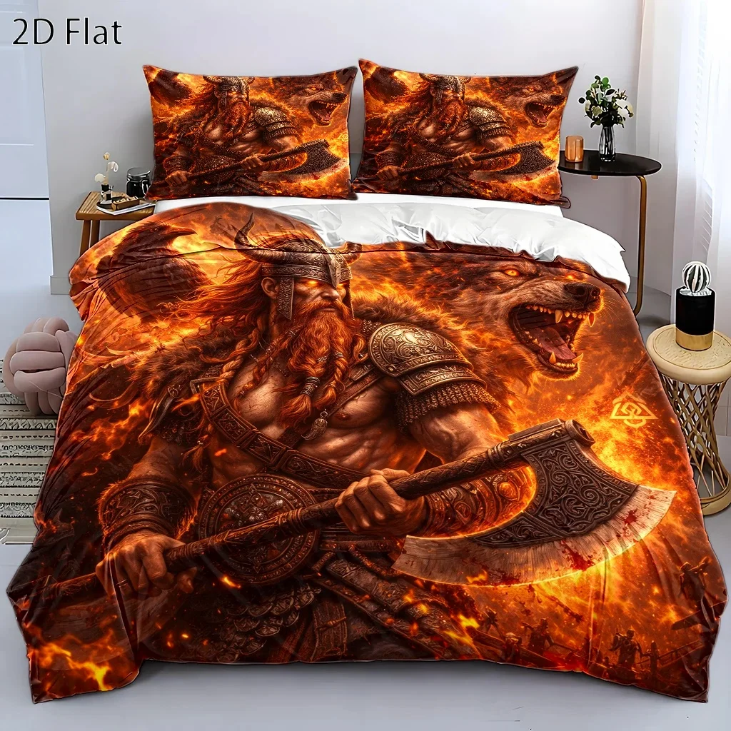 3Pc Nordic Viking Warrior Themed Duvet Cover Set, Three-Piece Bedding Set (1*Duvet Cover + 2*Pillowcases), Suitable for All Seasons, Machine Washable, Invisible Zipper Design, Large Double Bed Cover, Suitable for Home, Dormitory, Master Bedroom, Guest Room, Retro Mythological Style Bedding, Flame Wolf and Raven Elements Bedding, Hot-Selling Bedroom Decoration Set, Wear-Resistant, Breathable, Skin-Friendly Bedding Set