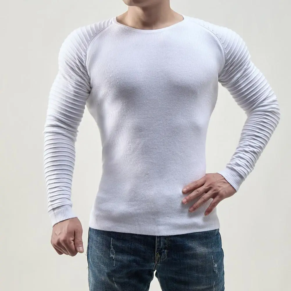 New 2022 Men Autumn Sweater Pleated Knit Pullover Soft Breathable Crew Neck Long Sleeve Slim Fit Stripe Applique Men Sweater