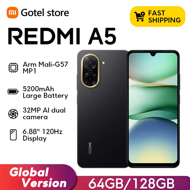 Смартфон Xiaomi Redmi A5, глобальная версия, UNISOC T7250, 32 МП, двойная камера с искусственным интеллектом, аккумулятор 5200 мАч, дисплей 6,88 дюйма, 15 Вт, быстрая зарядка