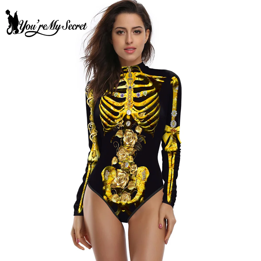Setelan kostum Halloween, setelan Halloween, kostum Cosplay, motif tengkorak, bodysuit pesta, karnaval, pakaian Jumpsuit wanita Day of The Dead