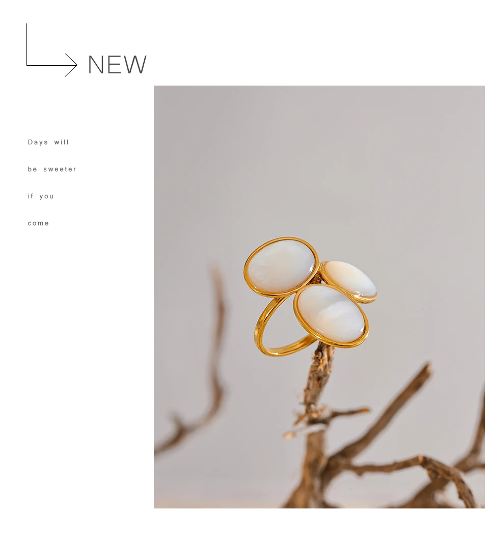 Yhpup Luxuriöser, hochwertiger, natürlicher Muschel-Blume, goldener, verstellbarer Ring, modischer Charm-Schmuck aus Edelstahl 316, gegossener Technologie – Detail 13