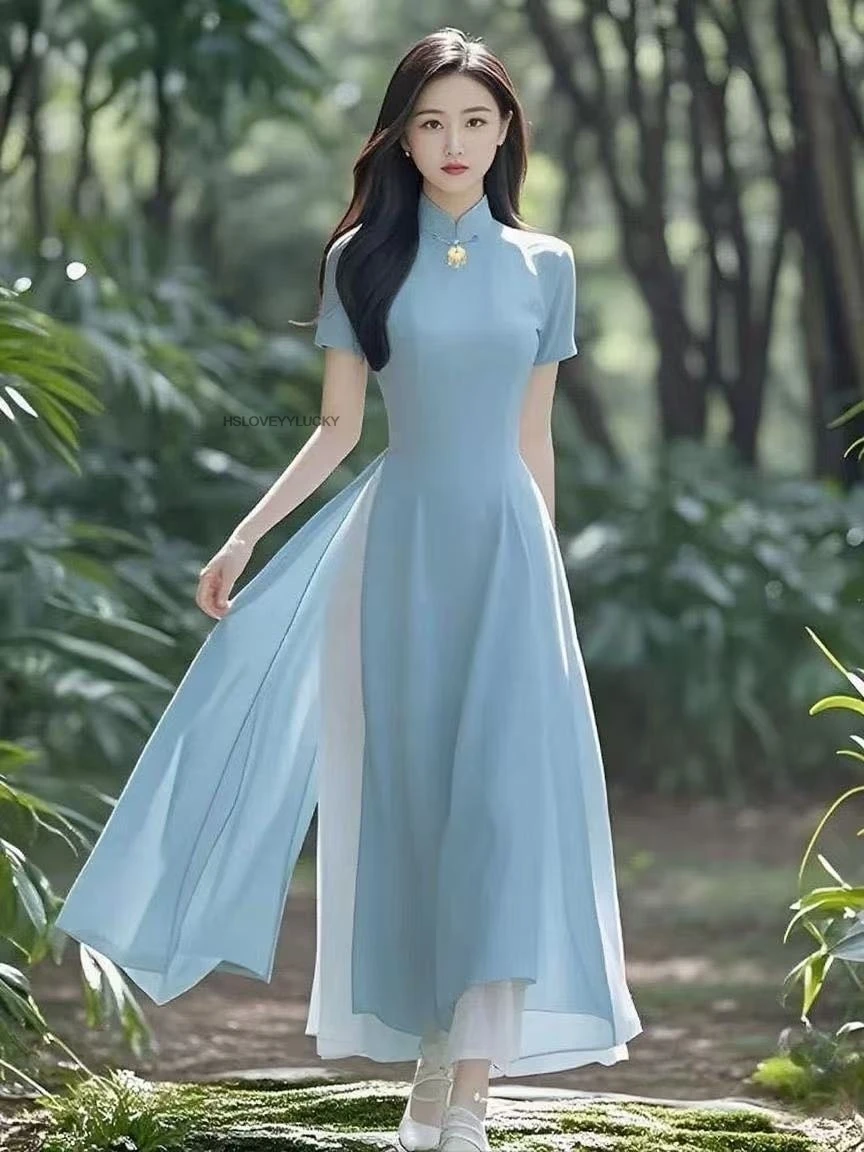 ملابس النساء Aodai Vetnam طويلة شيونغسام Aodai الفيتنامية التقليدية فستان المرأة رشيقة تشيباو الشيفون آو داي