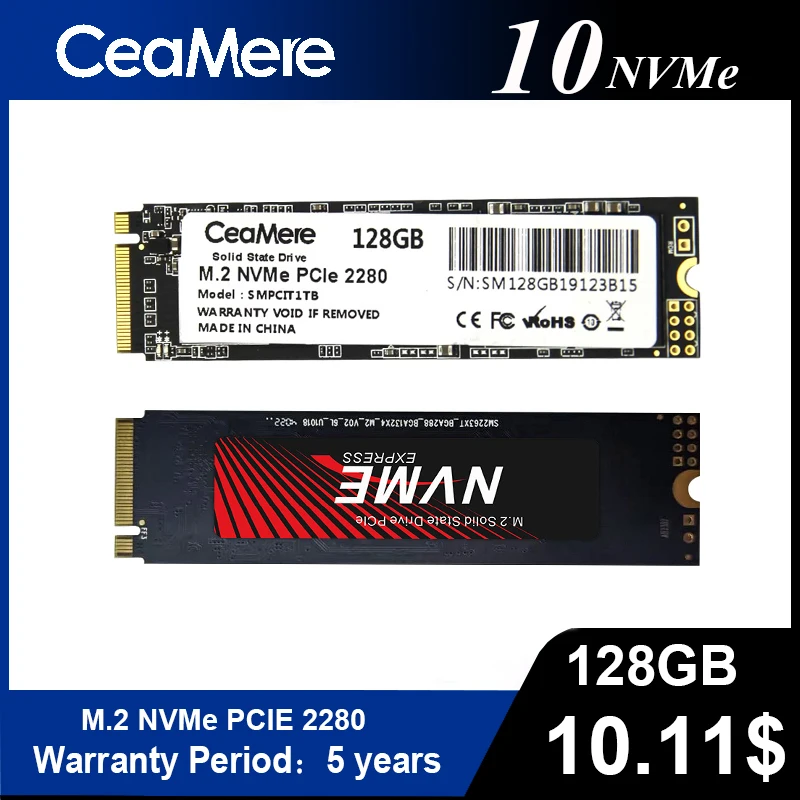 CeaMere10PCS SSD M2 NVME 128GB 256GB 512GB 1TB Ssd M.2 PCIe 3.0 2280 Drive Solid State Disk 3D TLC QLC Flash For Notebook Deskto