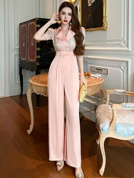 Satin Elegant Office Women Jumpsuits Formal Vintage Floral Puff Sleeve Pocket Party Female Mujer Wide Leg Loose Rompers Summer