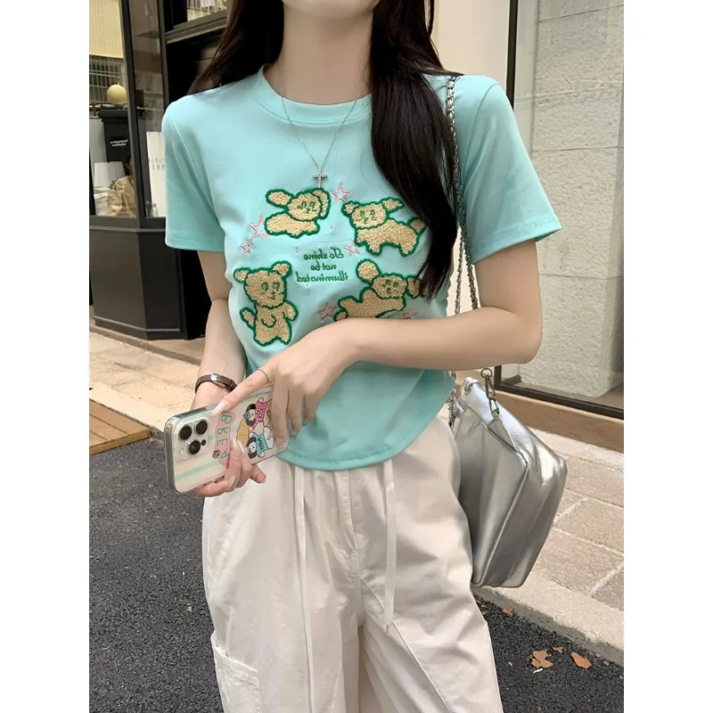 Summer New Cartoon Puppy Towel Embroidery Letter Casual Versatile Sweet Cute Short-sleeved T-shirt Round Neck Crop Slim-fit Top