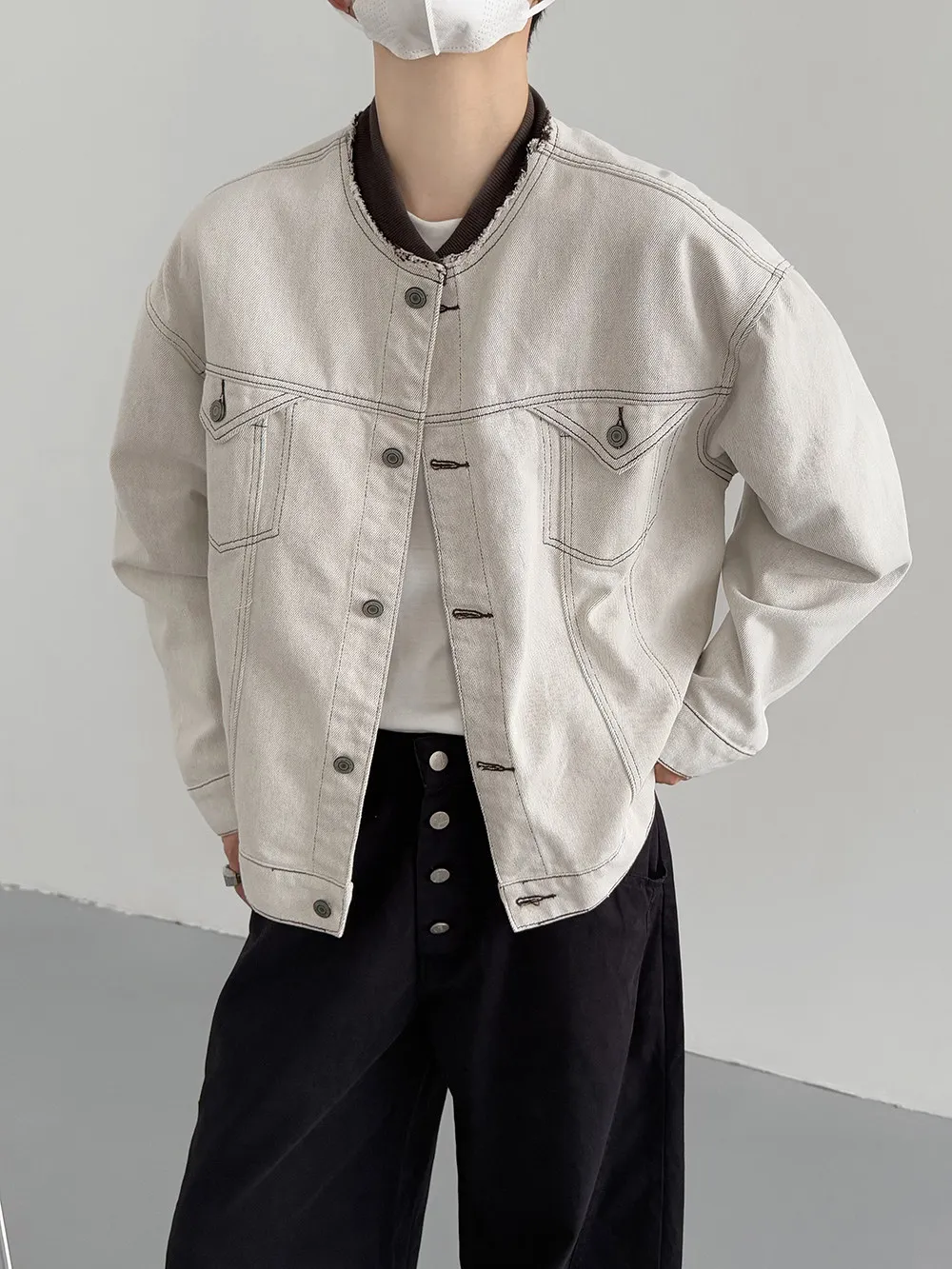 Men Washed Denim Jacket Spring Autumn Fashion Splicing Grey Cowboy Coat American Casual Retro Color Contrast Fringe Male Jackets